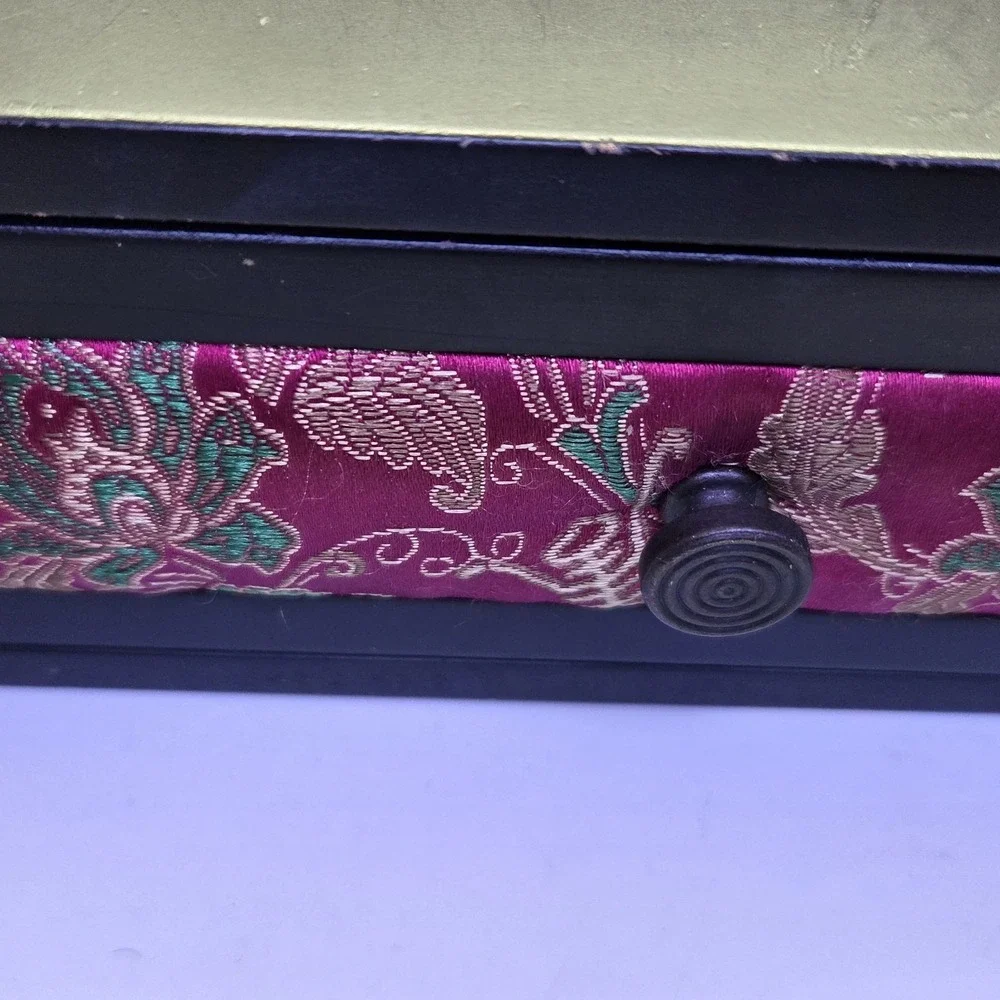 Vintage Asian Style EHI Black Desk Organizer Purple Brocade Fabric Drawer...